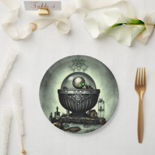 Steampunk Ornate Cauldron and Magic Items on Green Paper Plate