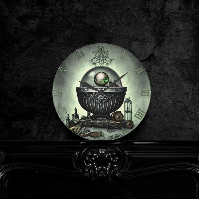 Steampunk Ornate Cauldron and Magic Items on Green Round Clock (Creator Uploaded)