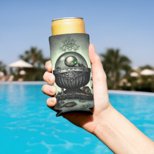 Steampunk Ornate Cauldron and Magic Items on Green Seltzer Can Cooler