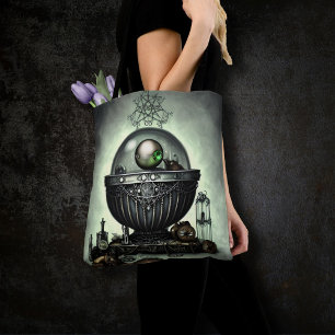 Steampunk Ornate Cauldron and Magic Items on Green Tote Bag