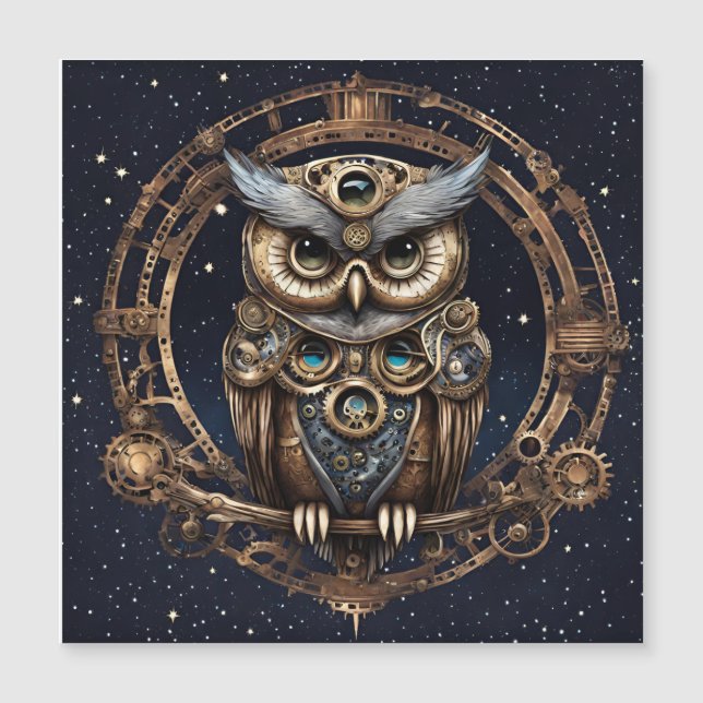 Steampunk Owl Against the Starry Sky Magnetic Invitation (Front)