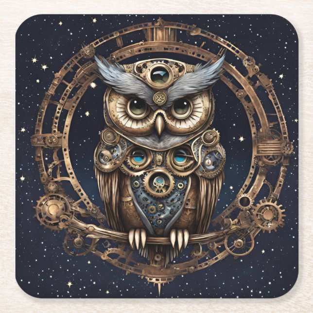 Steampunk Owl Against the Starry Sky Square Paper Coaster (Front)