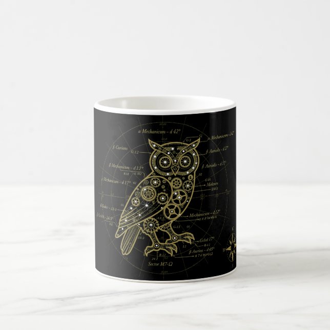Steampunk Owl Blueprint Mug | Vintage Mechanical A (Center)
