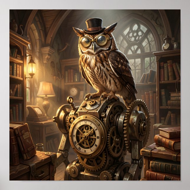 steampunk owl clockwork art poster (Front)