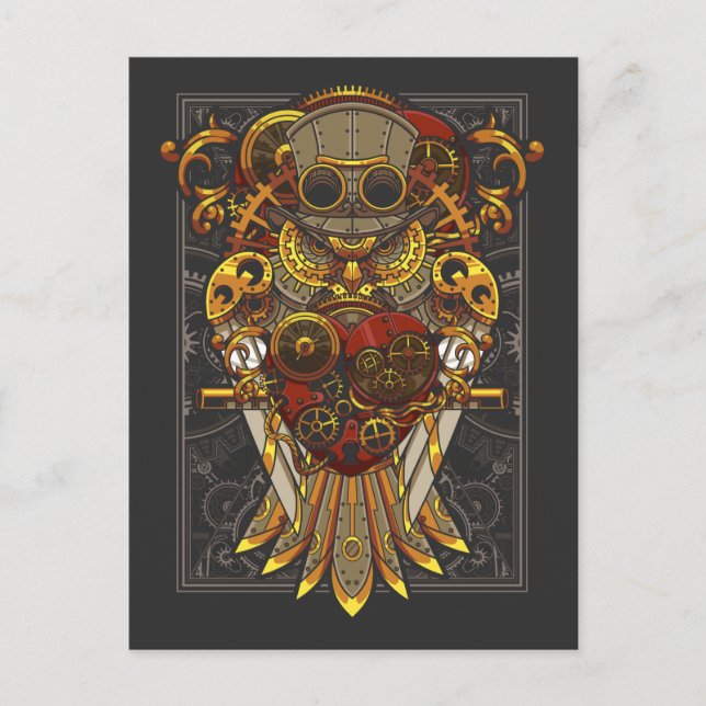 Steampunk Owl Mechanical Bird Clockwork Fantasy Postcard (Front)