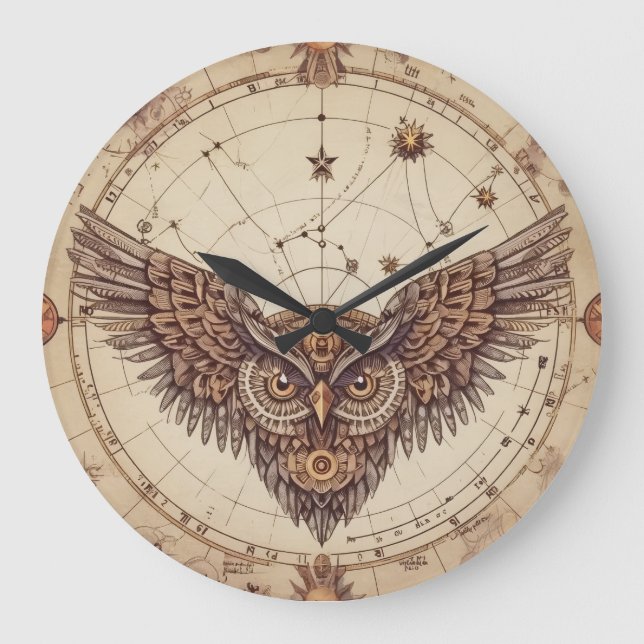 Steampunk Owl Wings Wall Clock | Vintage Mechanica (Front)