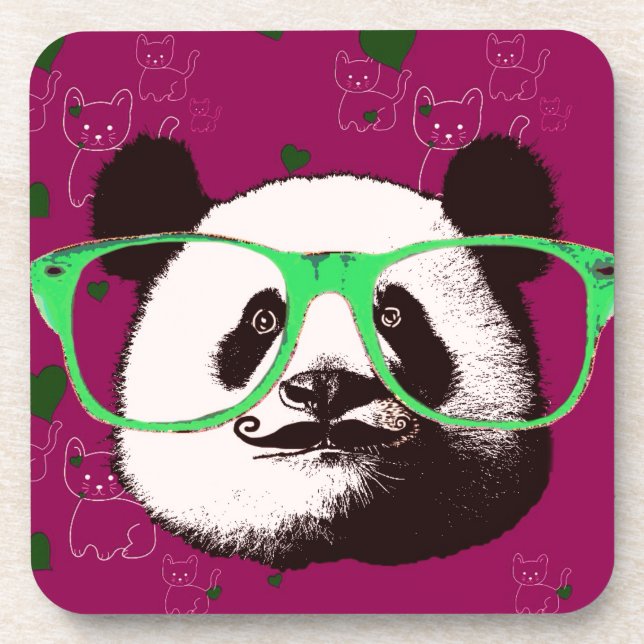 Steampunk Panda Bear in Glasses with Moustache Coaster (Front)