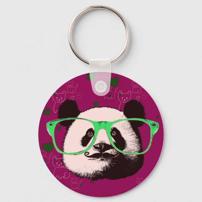 Steampunk Panda Bear in Glasses with Moustache Key Ring (Front)