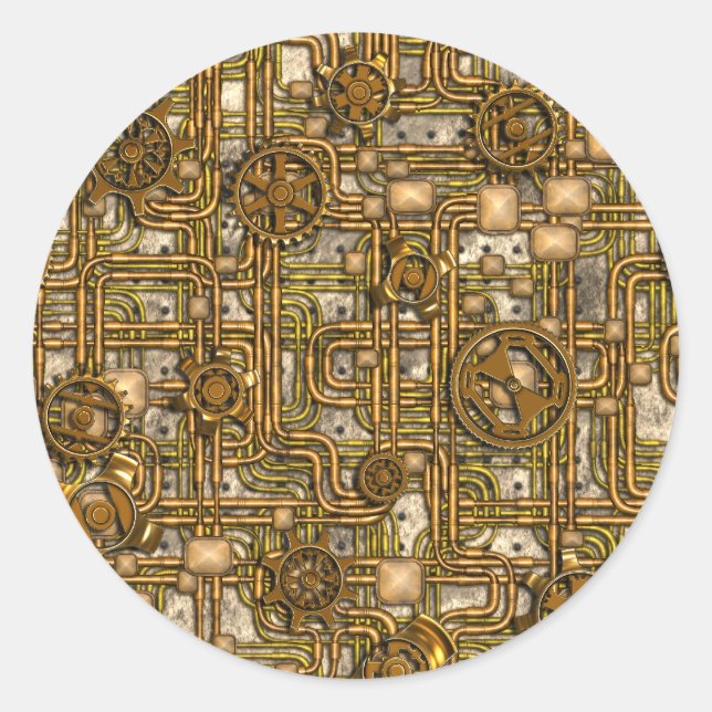 Steampunk Panel - Gears and Pipes - Brass Classic Round Sticker (Front)