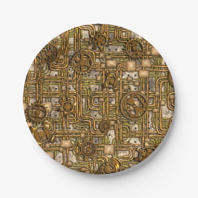 Steampunk Panel - Gears and Pipes - Brass Paper Plate (Front)