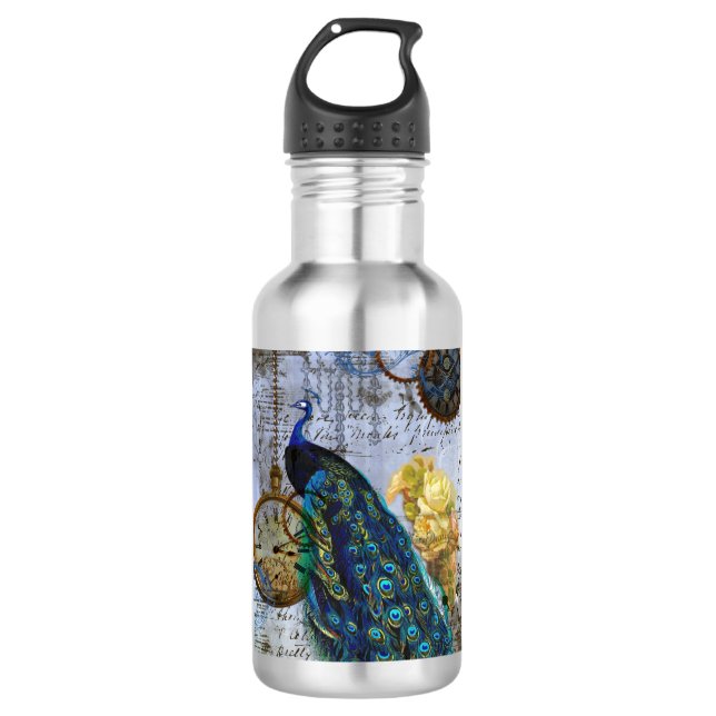 Steampunk Peacock Time Clock Yellow Roses 532 Ml Water Bottle (Front)