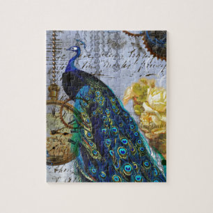 steampunk peacock yellow rose time clock jigsaw puzzle