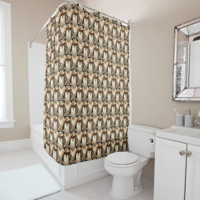 Steampunk Penguin 1 Pattern Shower Curtain (In Situ)