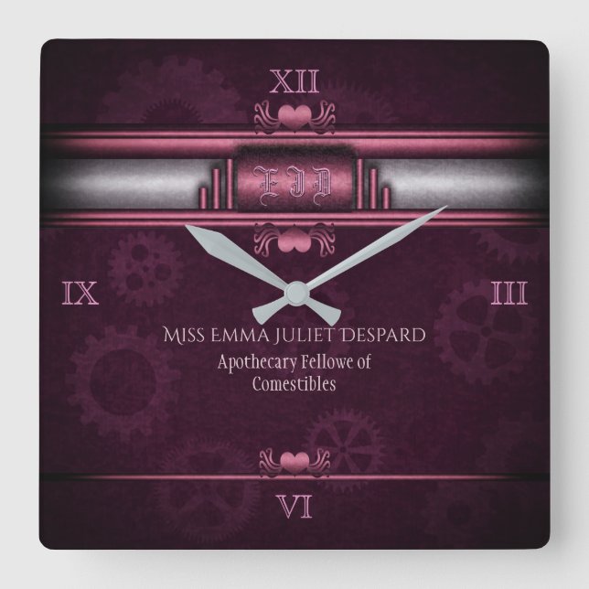 Steampunk, pink hearts and gears, Monogram Square Wall Clock (Front)