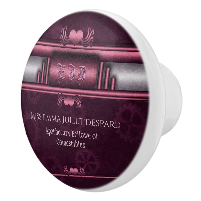 Steampunk, pink hearts on gears with Monogram Ceramic Knob (Right)