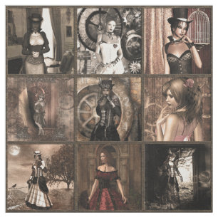Steampunk Pinups Quilt Block Print Fabric