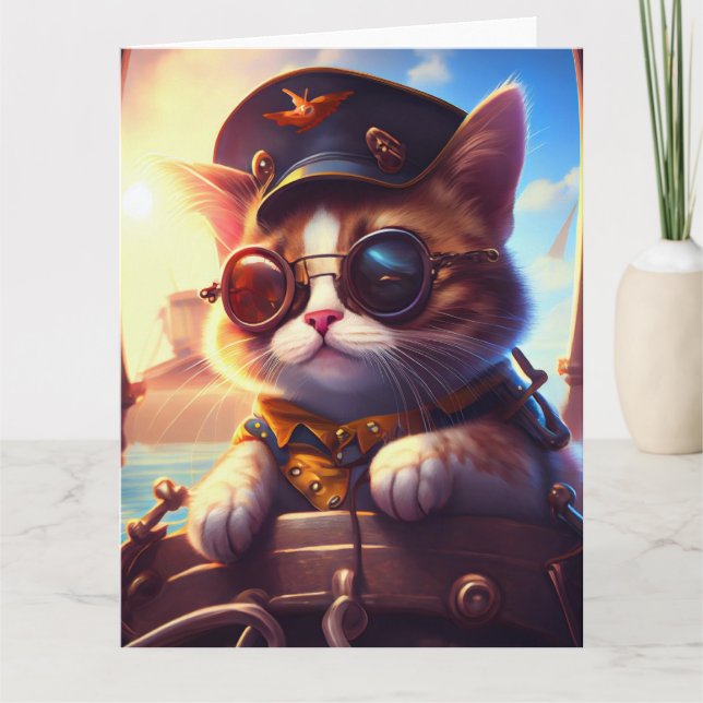 Steampunk Pirate Ship Captain Cat Card (Front)