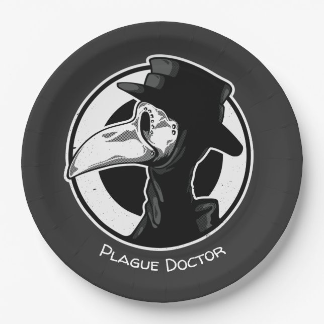 Steampunk Plague Doctor Bird Mask B/W Paper Plate (Front)