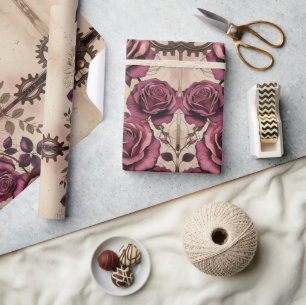 Steampunk Plum Roses & Gears Wrapping Paper