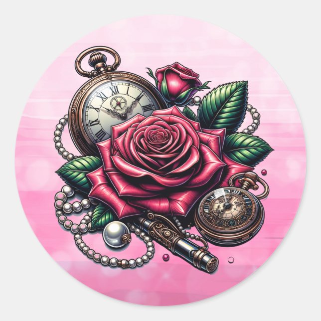 Steampunk Pocket Watches and Roses Classic Round Sticker (Front)