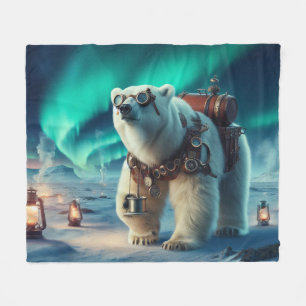 Steampunk Polar Bear and Aurora Art Fleece Blanket