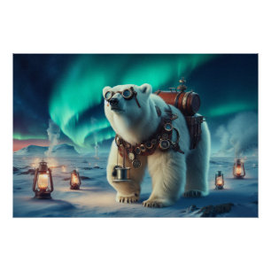 Steampunk Polar Bear and Aurora Art Poster