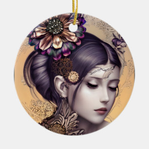 Steampunk Princess with a Copper Colored Flower Ceramic Tree Decoration