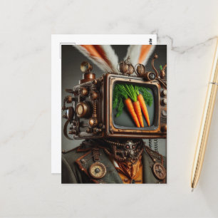 Steampunk RabbitMan With A TV Head showing Carrots Postcard