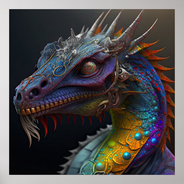 Steampunk rainbow dragon portrait AI art Poster (Front)