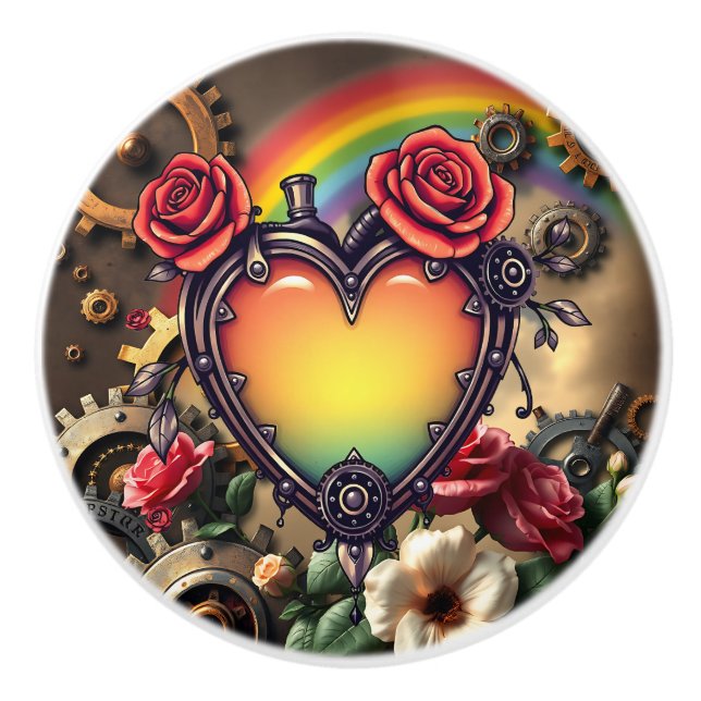 Steampunk Rainbow Heart and Gears Ceramic Knob (Front)