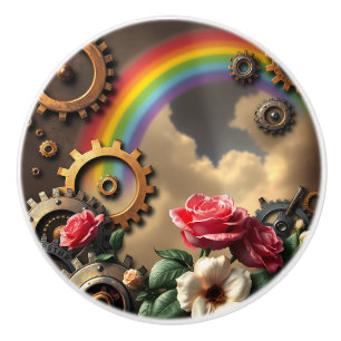 Steampunk Rainbow, Roses and Metal Gears Ceramic Knob