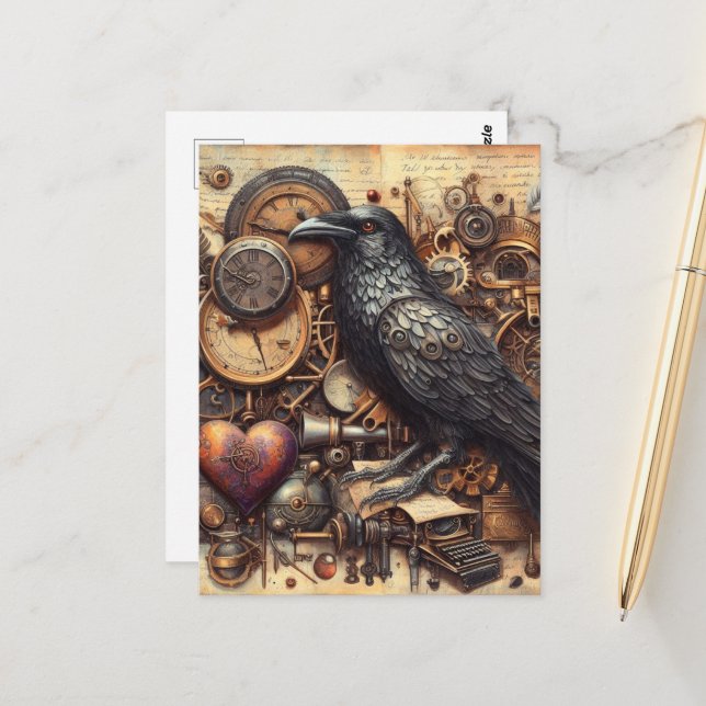 Steampunk Raven Postcard (Front/Back In Situ)