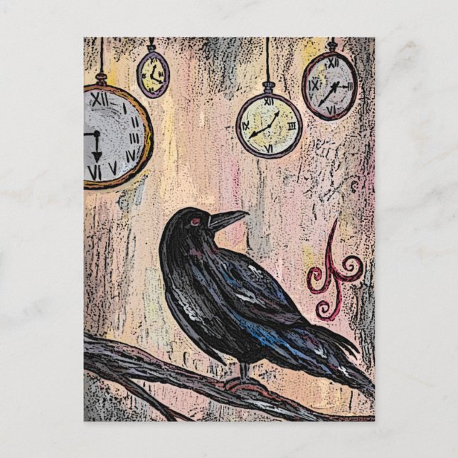 Steampunk Raven with Clocks Postcard (Front)