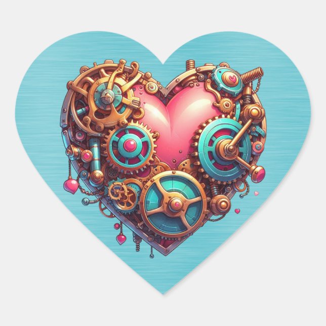  Steampunk Red Blue and Gold Heart Heart Sticker (Front)
