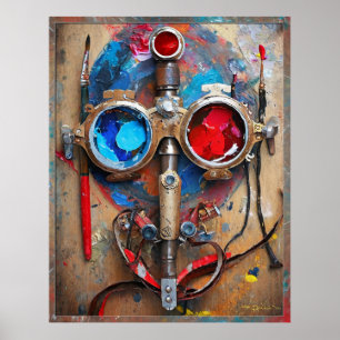 Steampunk Red Blue Goggles Graffiti Poster