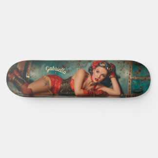 Steampunk retro-futuristic pinup girl painting skateboard