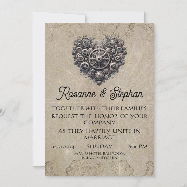 Steampunk Retro Heart of Gears Wedding Invitation (Front)
