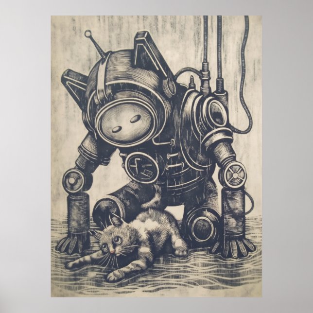 Steampunk Robot Linocut Poster (Front)