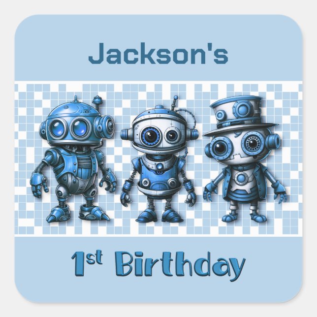 Steampunk Robot Theme 1st Birthday Square Sticker (Front)