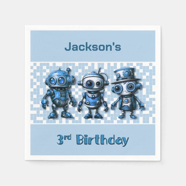 Steampunk Robot Theme 3rd Birthday Party Napkin (Front)