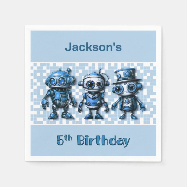 Steampunk Robot Theme 5th Birthday Party Napkin (Front)