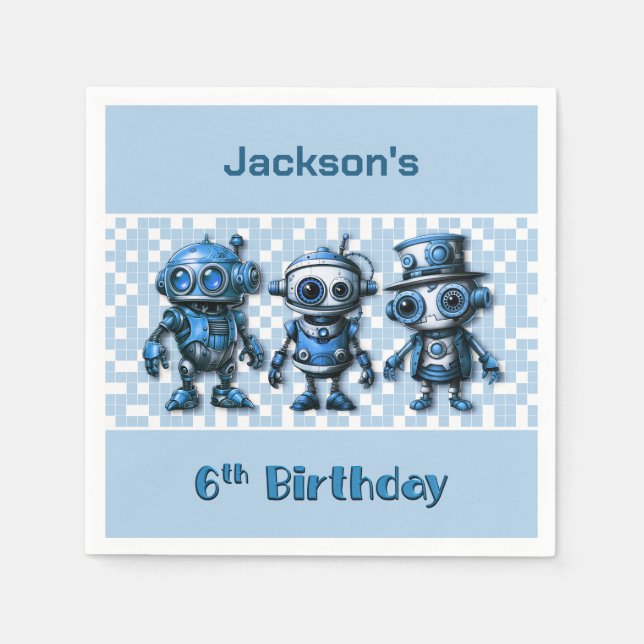 Steampunk Robot Theme 6th Birthday Party Napkin (Front)