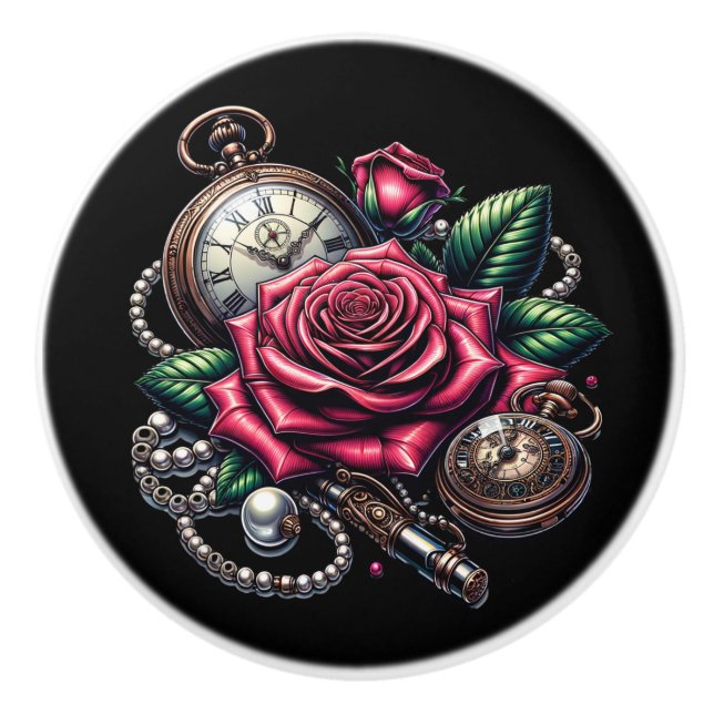 Steampunk Rose, Metal Key and Pocket Watch Ceramic Knob (Front)