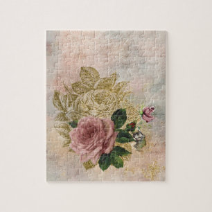 Steampunk Rose   Pink and Gold Sophisticated Jigsaw Puzzle