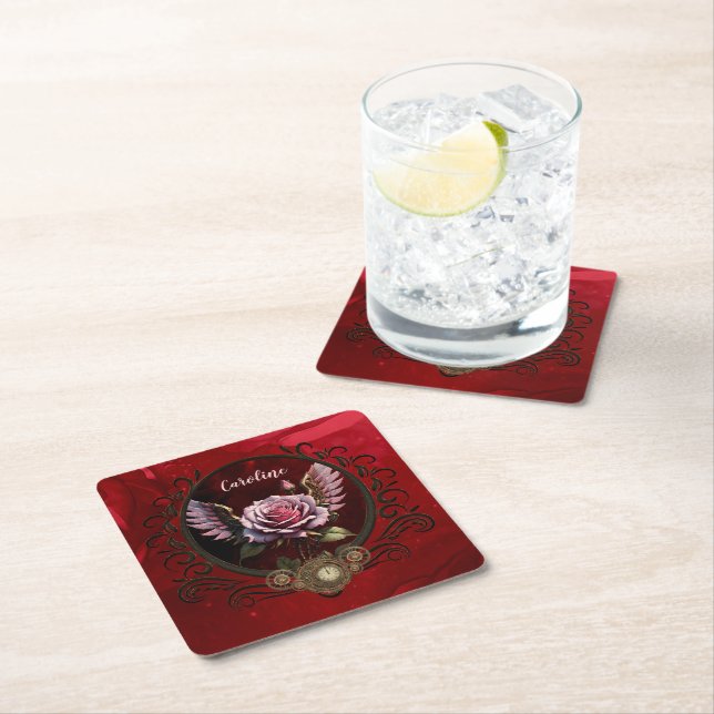 Steampunk rose square paper coaster (Insitu)