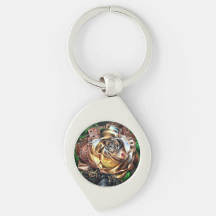 Steampunk Rose with Surreal Face – Mechanical Flor Key Ring