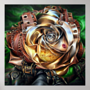 Steampunk Rose with Surreal Face – Mechanical Flor Poster