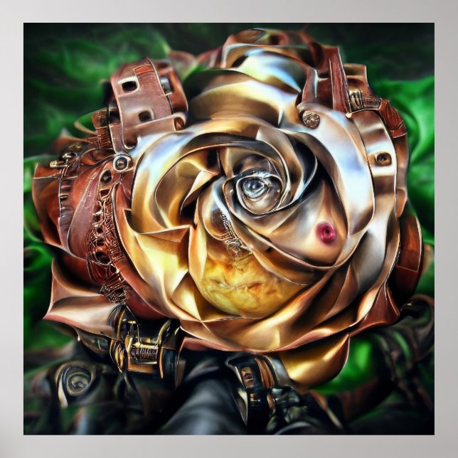 Steampunk Rose with Surreal Face – Mechanical Flor Poster (Front)