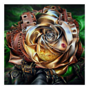 Steampunk Rose with Surreal Face – Mechanical Flor Poster