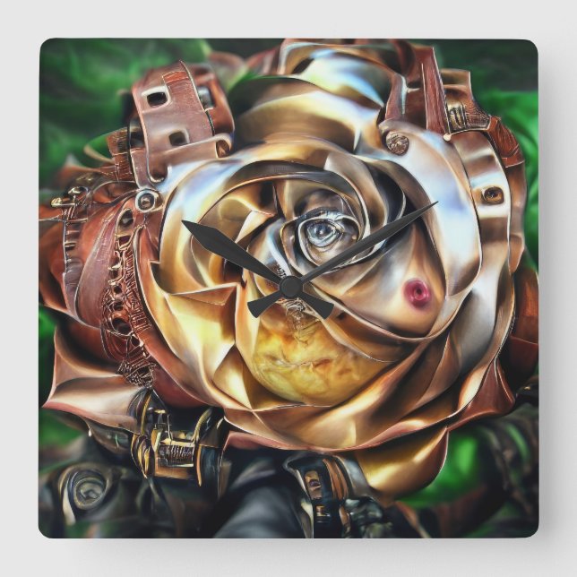 Steampunk Rose with Surreal Face – Mechanical Flor Square Wall Clock (Front)
